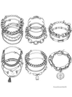 18-Piece Gold & Silver Stackable Bracelet Set for Women - Chunky Link Bangles